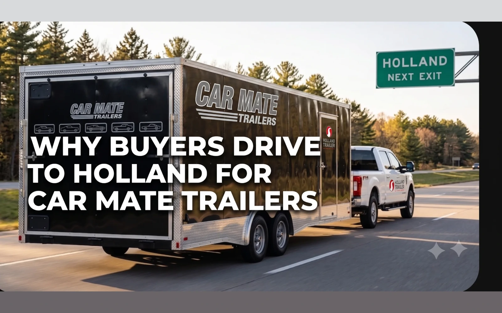 Car Mate enclosed cargo trailers lined up on the lot at Holland Trailer in West Michigan